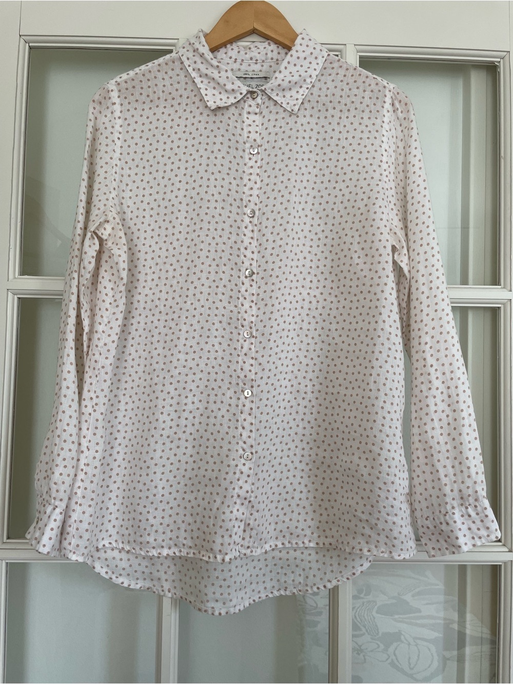 Rachel Zoe 100% linen polka dot collared button up shirt white beige Women's M